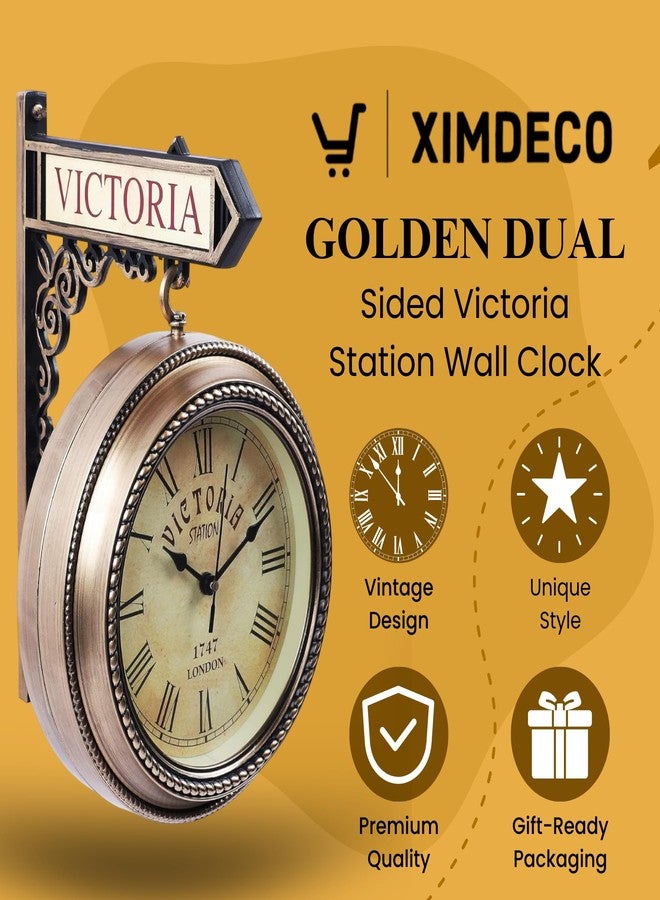 Ximdeco Golden Plastic Wooden Pattern Replica Dual Side Victoria Station Analog Wall Clock Hanging Style Platform Railway Clock Home Decor (Golden) (Length 33 cm, Width 10 cm) - Image 2